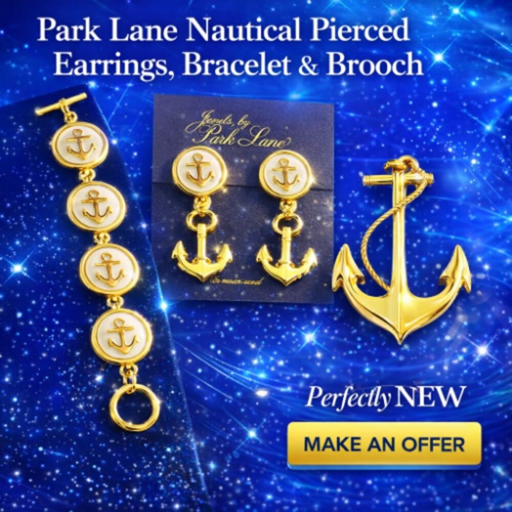 VTG Park Lane Nautical Jewelry Set Anchor Enamel Bracelet Earring Gold Brooch